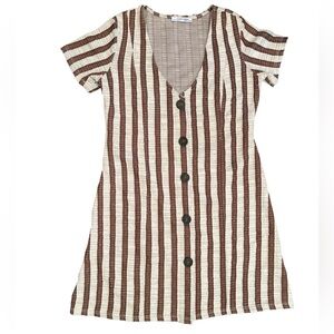 Zara Trafaluc Brown and White Striped Faux Button-Down V-Neck Mini Dress - Small